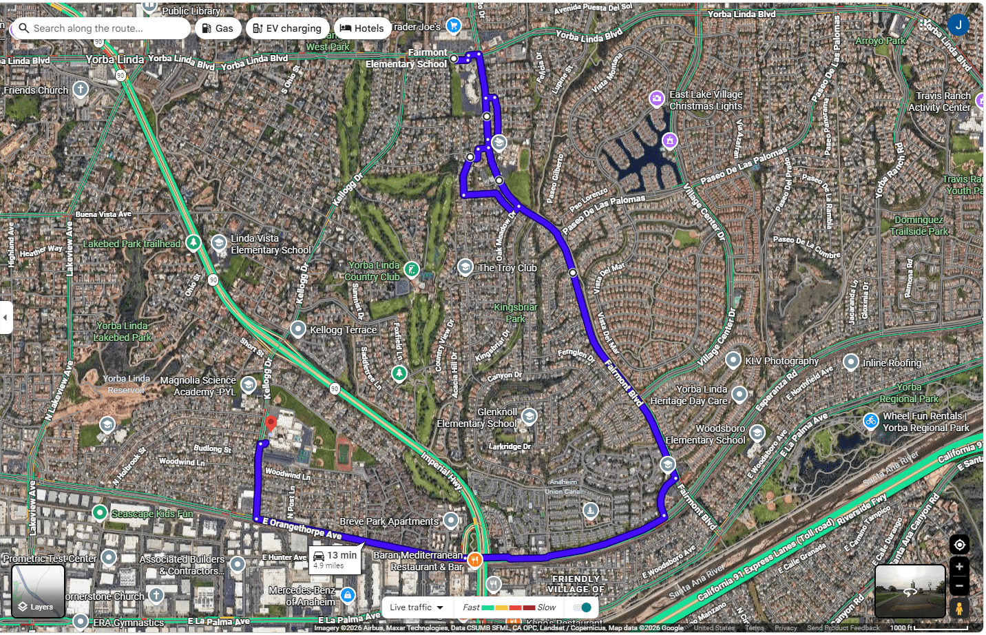 Satellite map showing highlighted driving route