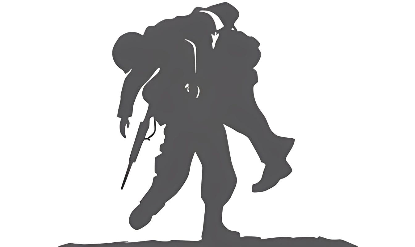 Silhouette of soldier carrying another soldier.