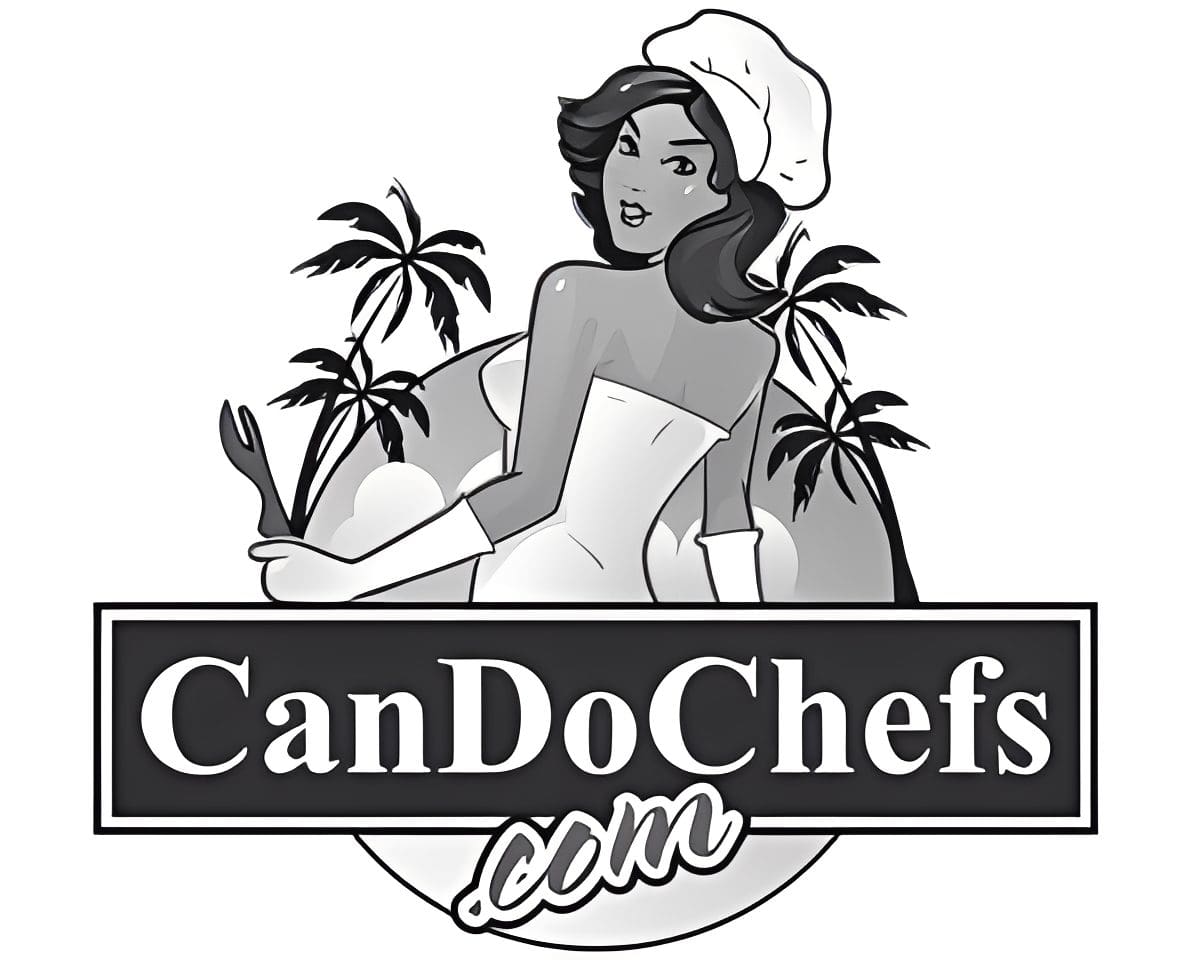Retro chef with palm trees and logo.